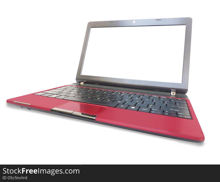 Red Laptop on a white with blank screen. Red Laptop on a white with blank screen.