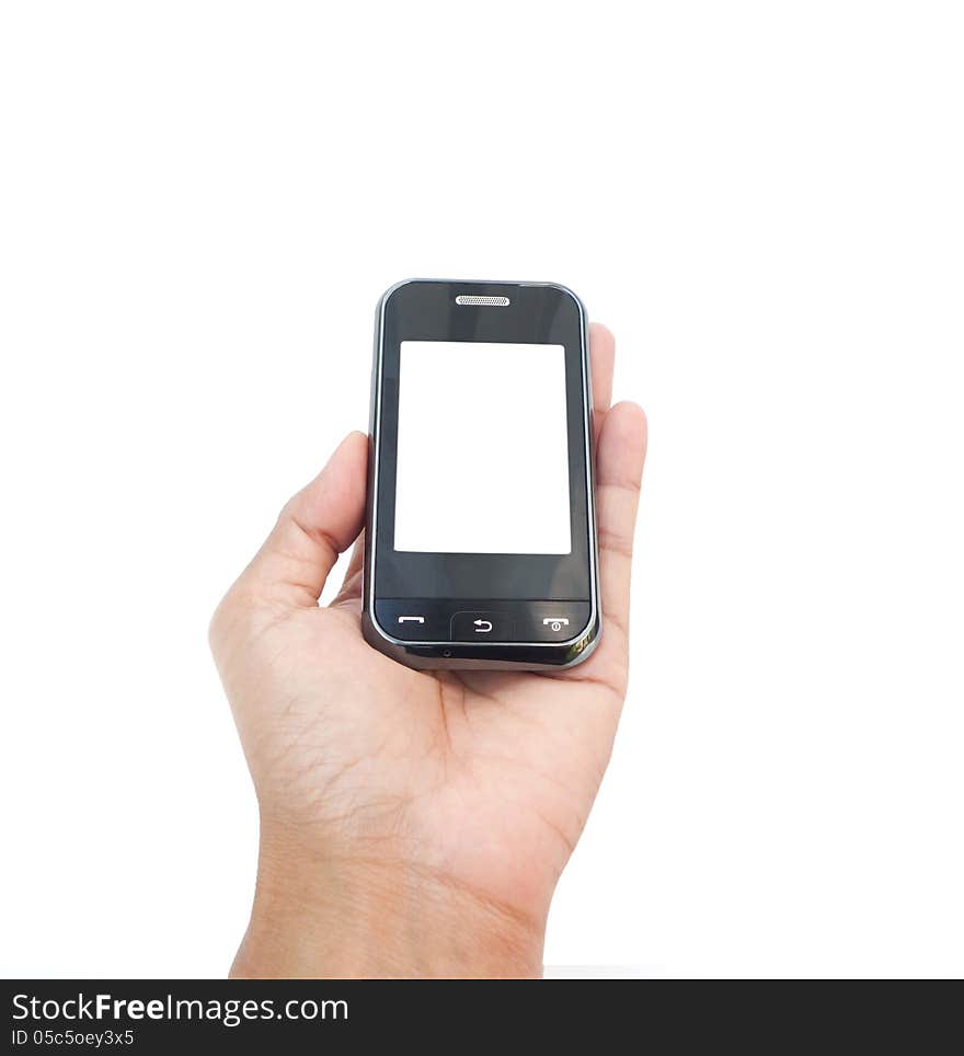 Hand holding mobile smart phone with blank screen. Isolated on white.