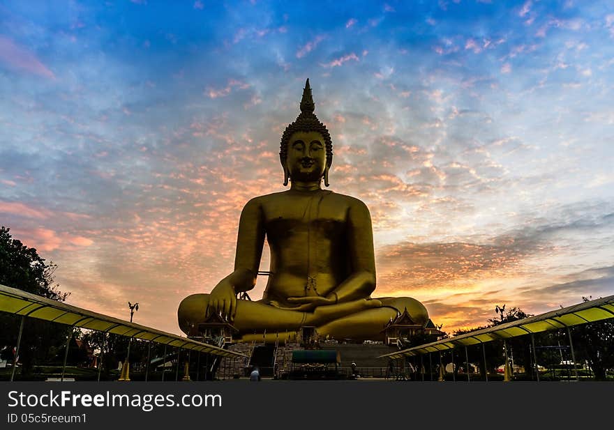 Big golden buddha statue in the temple of Thailand/Wat Maung ,Angthong Province, Thailand