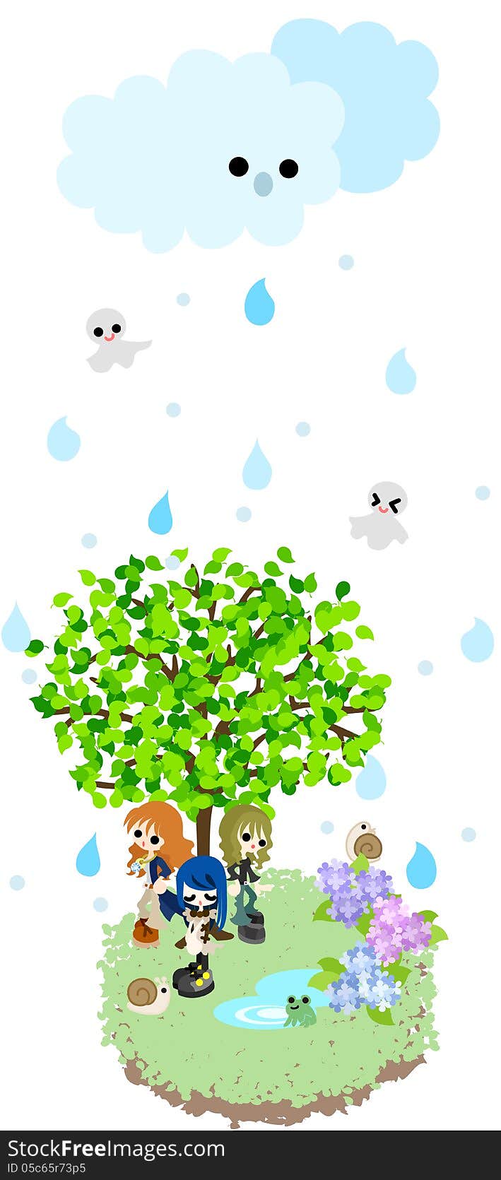 It is drizzling. Lets take shelter under the tree with a frog and snails. It is drizzling. Lets take shelter under the tree with a frog and snails.