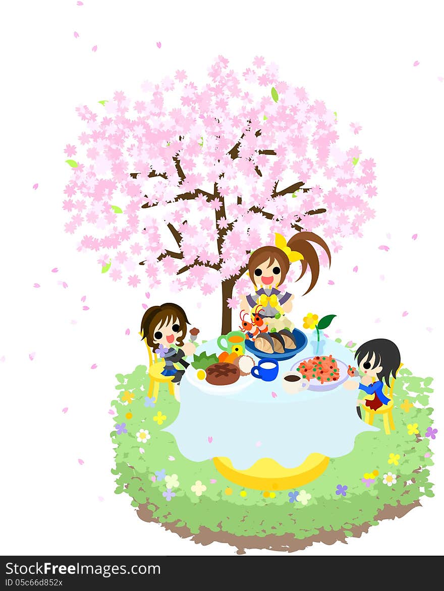 Lets enjoy cherry-blossom viewing while eating a hamburger steak and seafood, spaghetti under the beautiful cherry tree. Lets enjoy cherry-blossom viewing while eating a hamburger steak and seafood, spaghetti under the beautiful cherry tree.