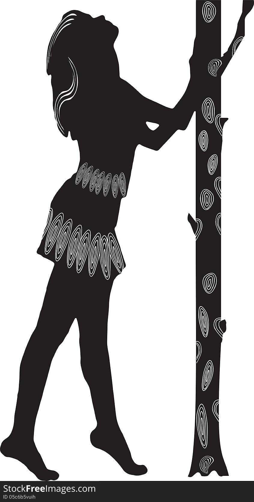 Black silhouette of a girl in a black dress with white patterns of a tree on a white background. Black silhouette of a girl in a black dress with white patterns of a tree on a white background