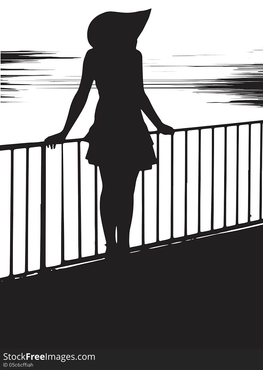 Black silhouette of the girl on the bridge in the evening by the sea. Black silhouette of the girl on the bridge in the evening by the sea