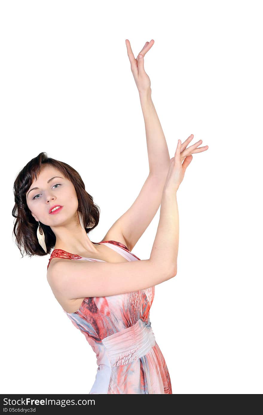 Portrait of a young attractive girl with the hands raised up on white background. Place for text design. Portrait of a young attractive girl with the hands raised up on white background. Place for text design.