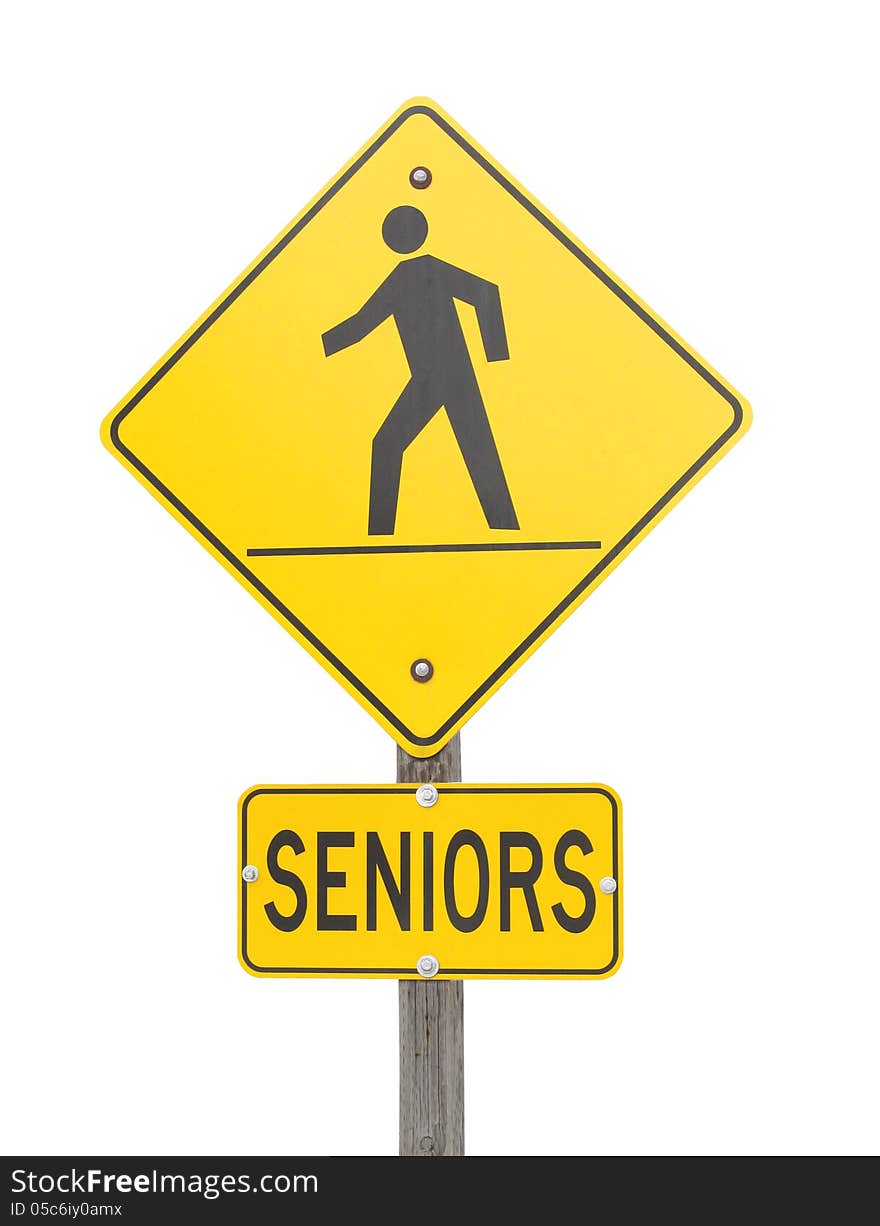 Yellow sign warning of a pedestrian street crossing used by senior citizens. Isolated on white. Yellow sign warning of a pedestrian street crossing used by senior citizens. Isolated on white.