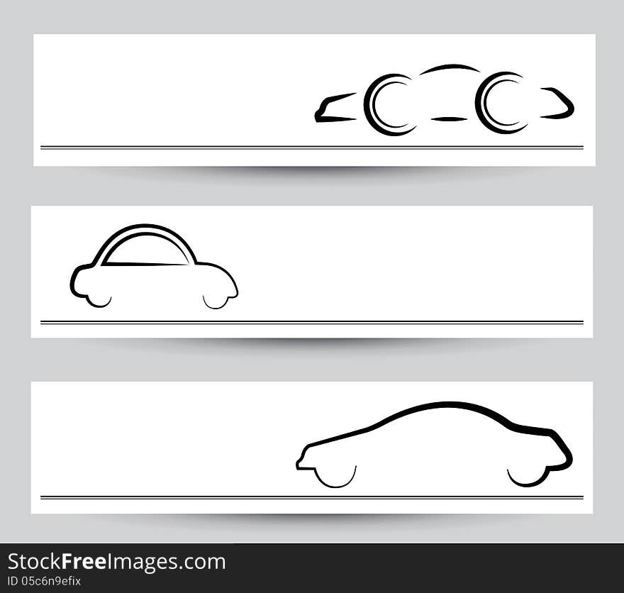 Banner of stylish car signs & symbols. Vector graphical elements in black color on gray background.