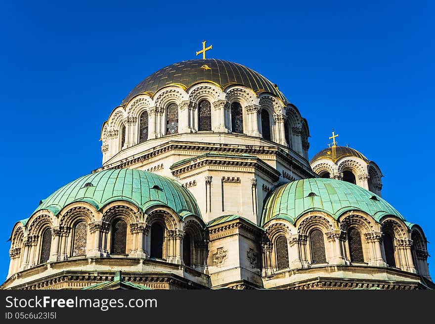 Close up of St. Alexander Nevski Orthodox Cathedral in Sofia, Bulgaria.