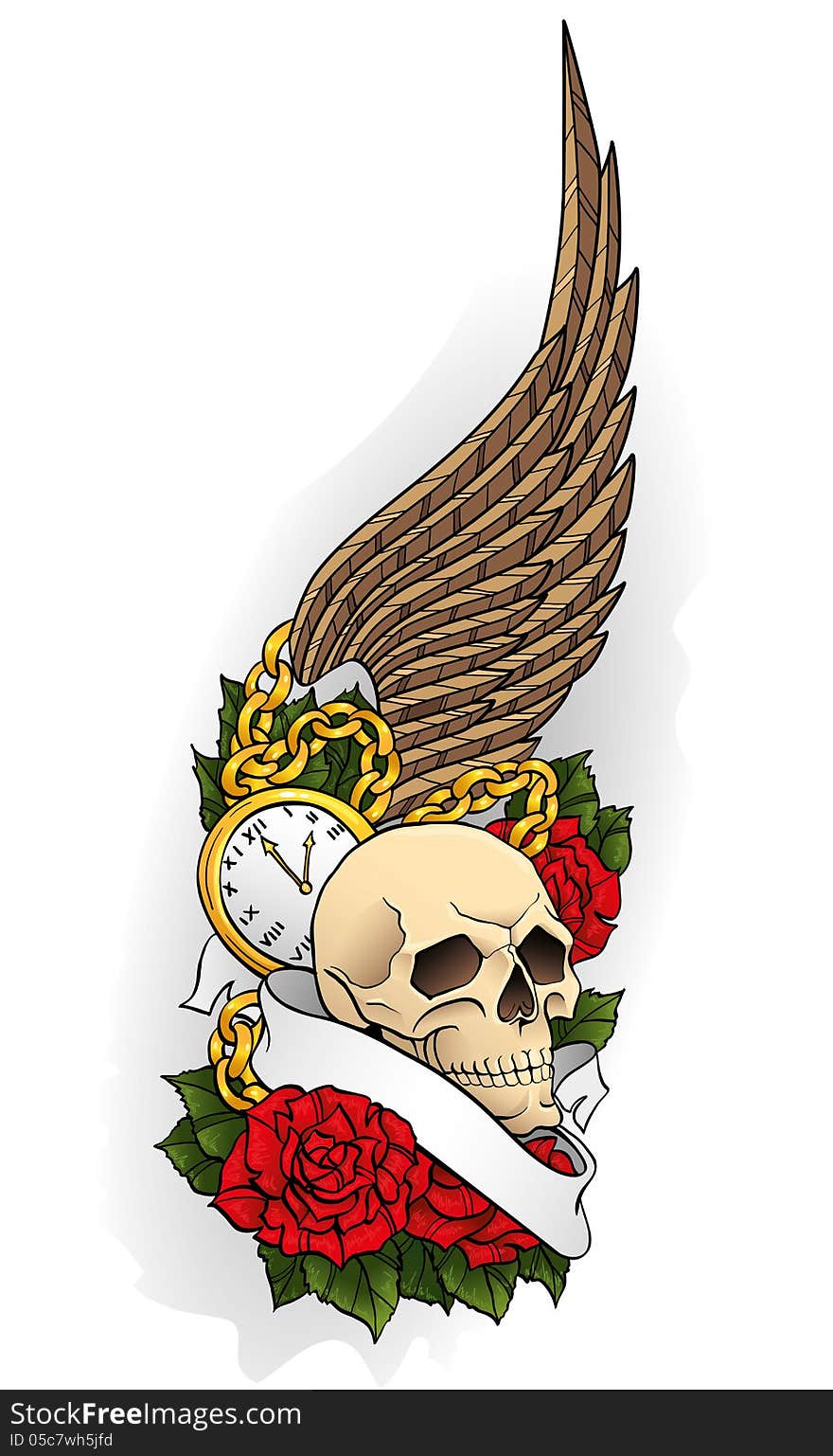 Tattoo with a skull, roses and wings on background. Contour and color on separate layers. Tattoo with a skull, roses and wings on background. Contour and color on separate layers