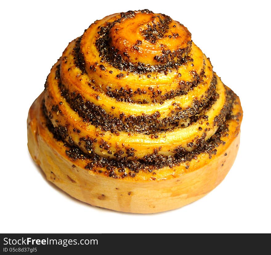 Bun with poppy seeds on a white background. Roll with poppy seeds isolated on white. Sweet poppy roll.