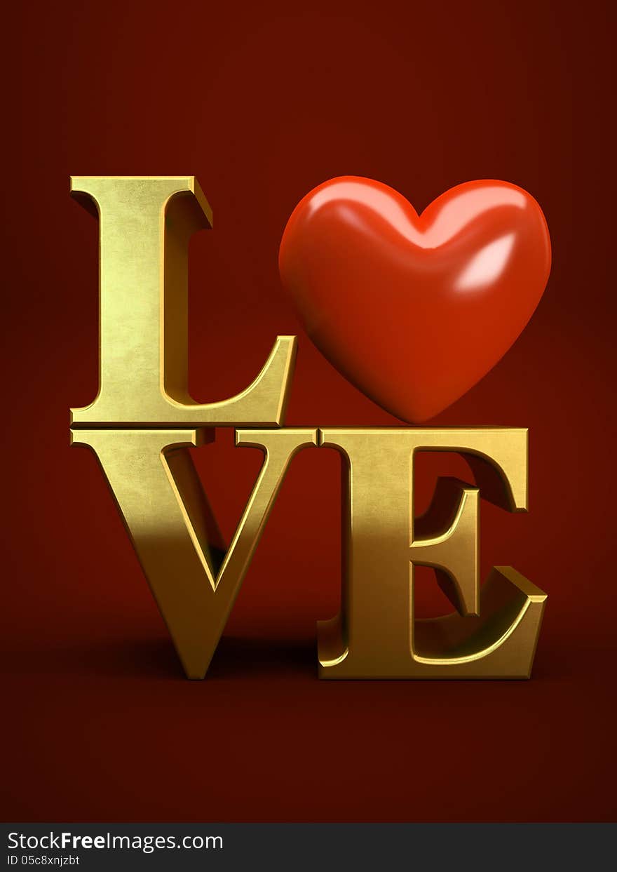 Gold letters LOVE on red background 3D illustration