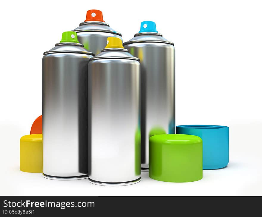 Row of containers with multicolored paint on white background 3D illustration