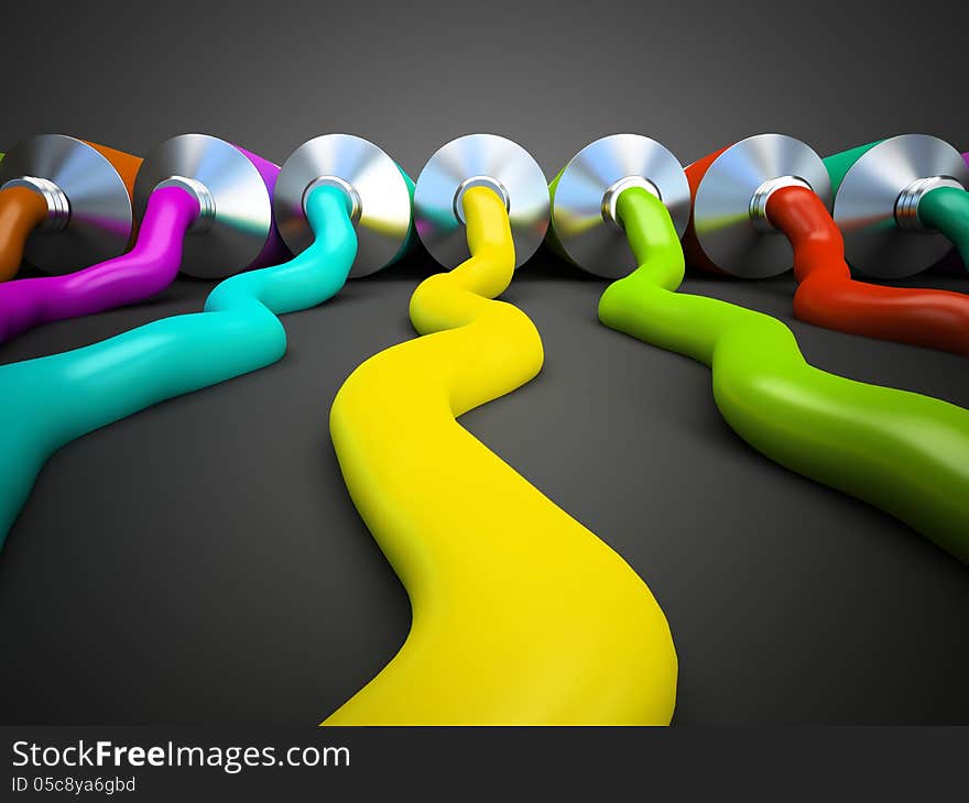 Row of tubes with multicolored paint on grey background