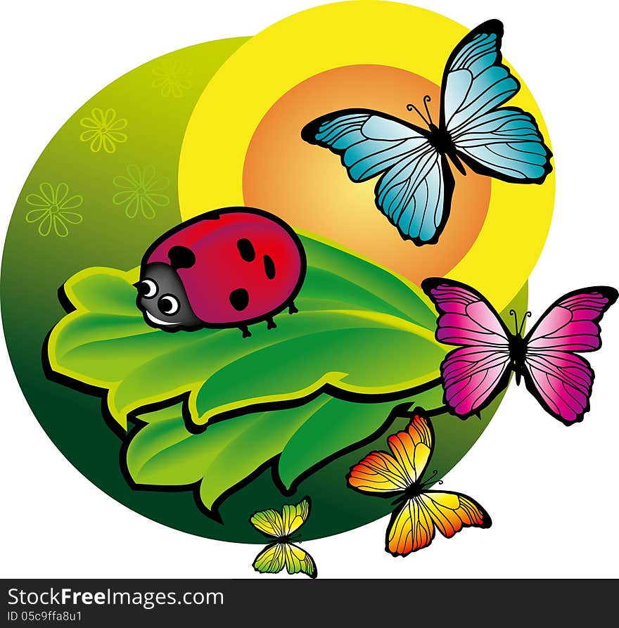 Vector ladybug illustration. Green leaves design with ladybug. 4 Butterflies. Vector ladybug illustration. Green leaves design with ladybug. 4 Butterflies.