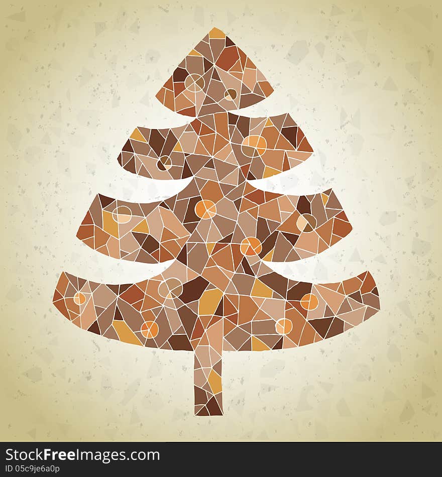 Grunge Mosaic Christmas Tree Greeting Card made of small mosaic pieces in brown colors, on gradient background. Illustration is in eps10 mode!