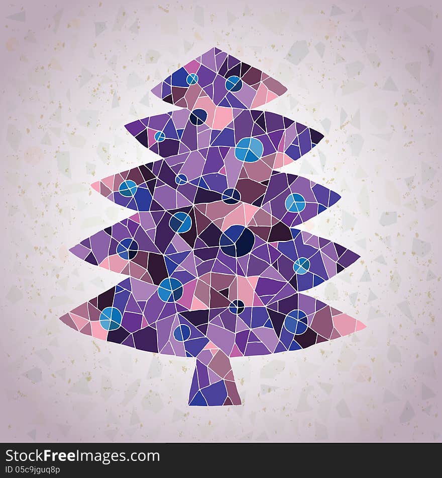 Grunge Mosaic Christmas Tree Greeting Card made of small mosaic pieces in violete colors, on gradient background. Illustration is in eps10 mode!