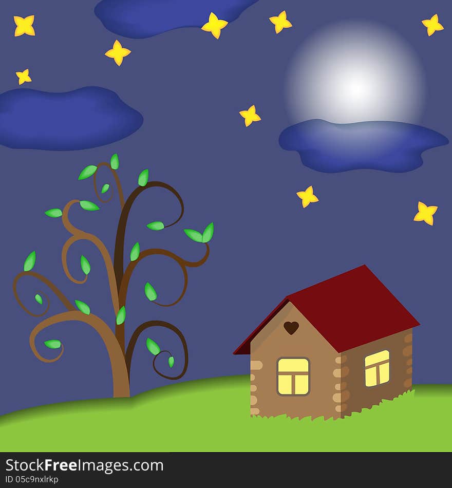 Home and spreading tree under the night sky. Home and spreading tree under the night sky