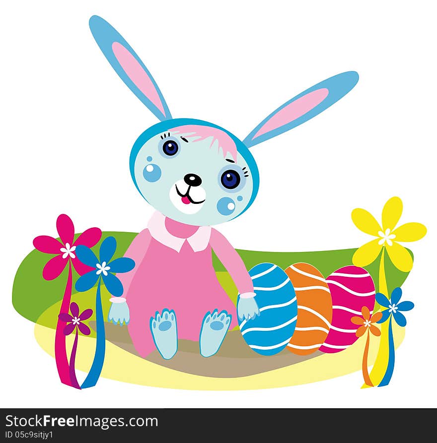 Vector graphic illustration of beautiful colored Easter eggs and flowers with cute rabbit girl. Vector graphic illustration of beautiful colored Easter eggs and flowers with cute rabbit girl