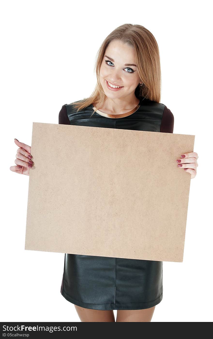 Beautiful smiling girl in a dark dress showing empty wooden notice board, isolated on white background/ space for text. Beautiful smiling girl in a dark dress showing empty wooden notice board, isolated on white background/ space for text.