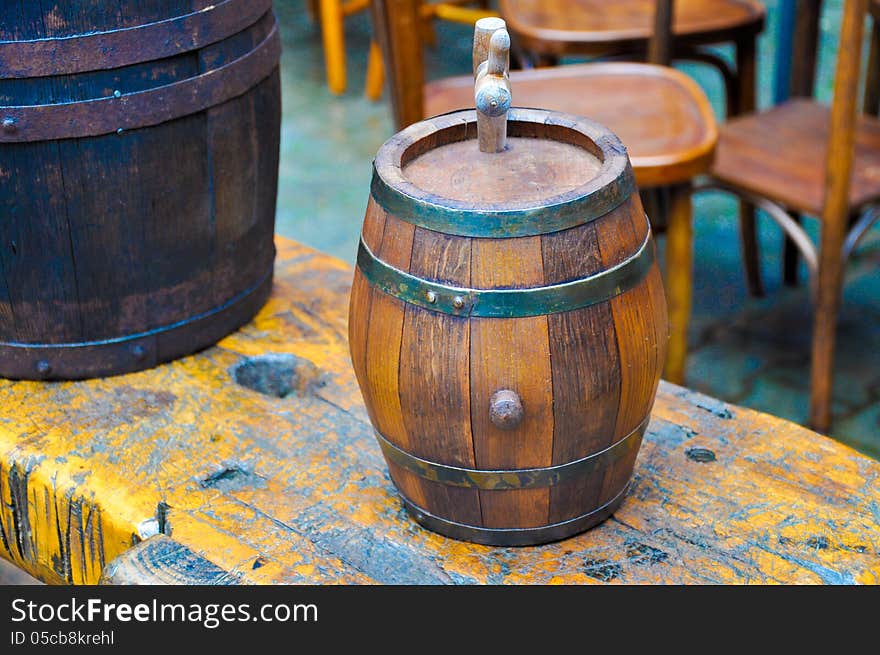 Alcohol aged barrel at a distilery