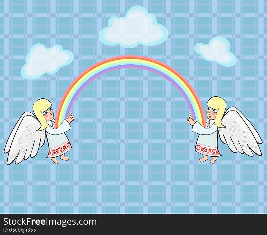 Two angels and rainbow in ethno Belarusian style. Two angels and rainbow in ethno Belarusian style