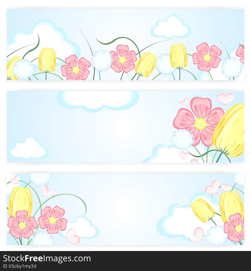 Set of three banners with spring flowers over pale sky. Set of three banners with spring flowers over pale sky