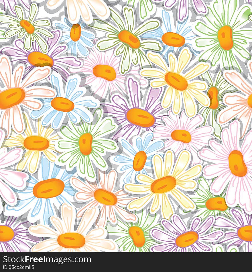 Flower camomile seamless pattern pastel background. Daisies medical vector sketch illustration.