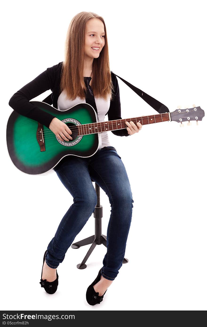 Young beauty music girl with guitar on white background. Young beauty music girl with guitar on white background