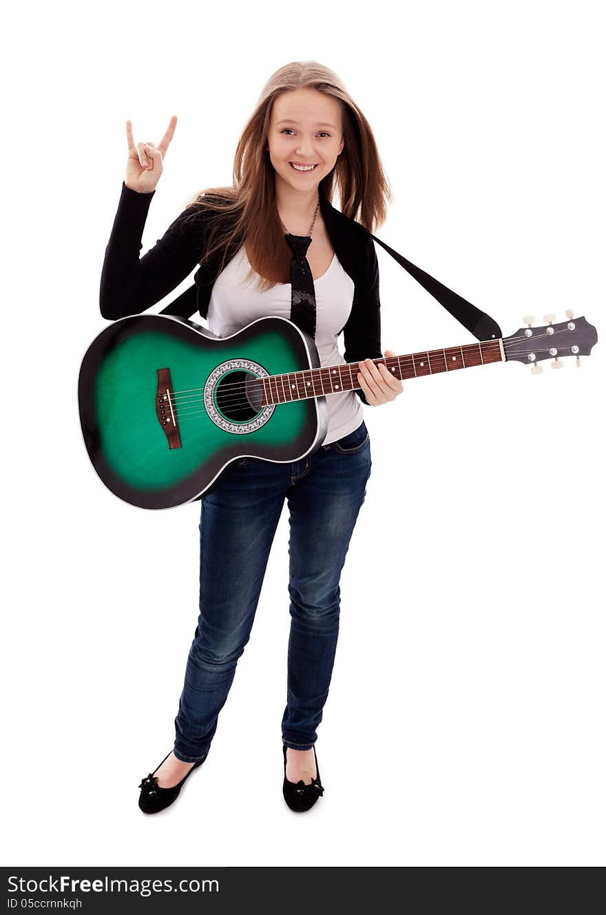 Young beauty music girl with guitar on white background. Young beauty music girl with guitar on white background