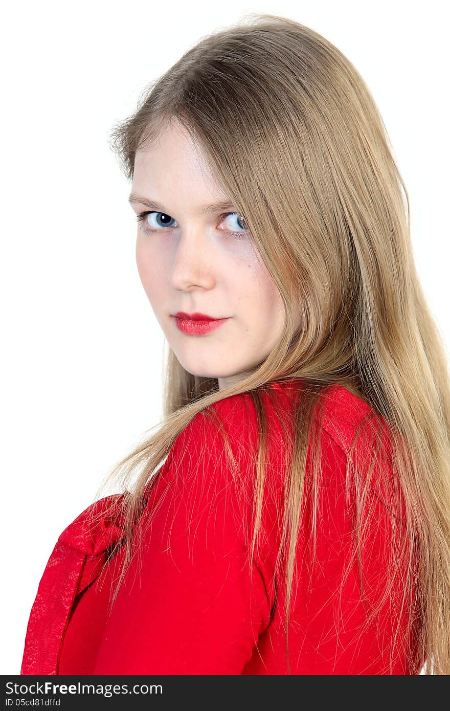 Close up studio portrait of beautiful young woman in red