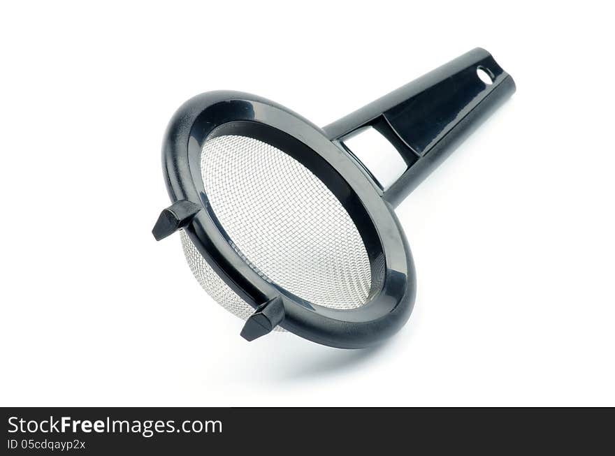 Black Colander with Stainless Steel Strainer isolated on white background