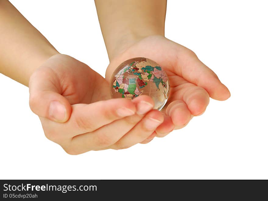 Glass globe in hand, isolated