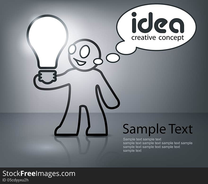 Man with bulb in grey, creative idea, vector cartoon illustration