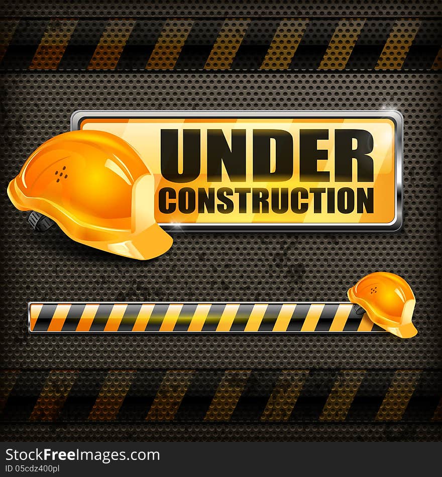 Under construction sign yellow & helmet on black background, vector illustration. Under construction sign yellow & helmet on black background, vector illustration