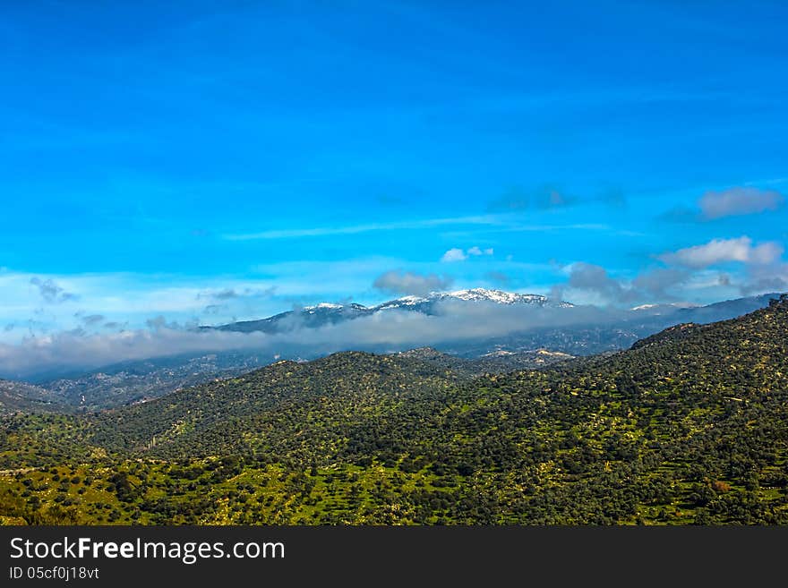 Mountain snow green blue sky cloud. Mountain snow green blue sky cloud