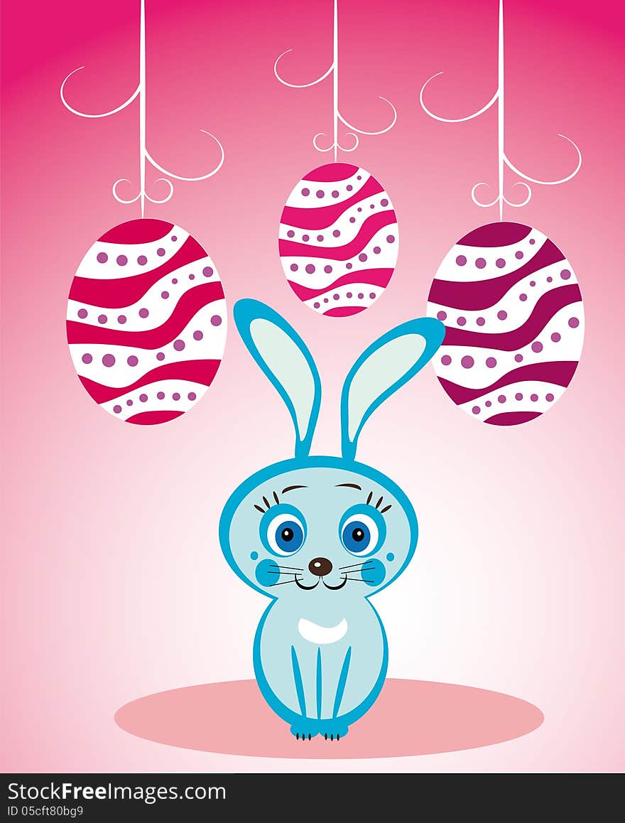 Vector graphic illustration of beautiful colored Easter eggs and blue cute sitting rabbit. Vector graphic illustration of beautiful colored Easter eggs and blue cute sitting rabbit