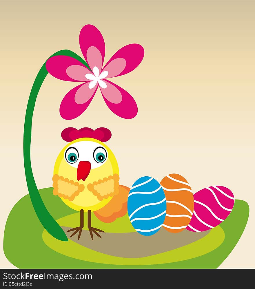 Vector graphic illustration of beautiful colored Easter eggs with cute chicken staying under the pink big flower. Vector graphic illustration of beautiful colored Easter eggs with cute chicken staying under the pink big flower