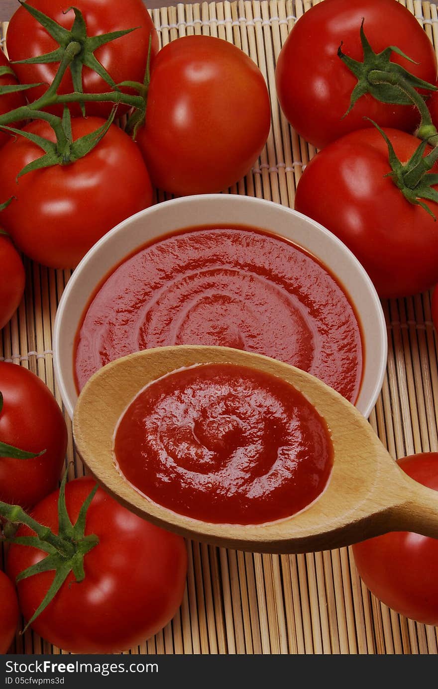 Tomato cream spoon and bowl. Tomato cream spoon and bowl