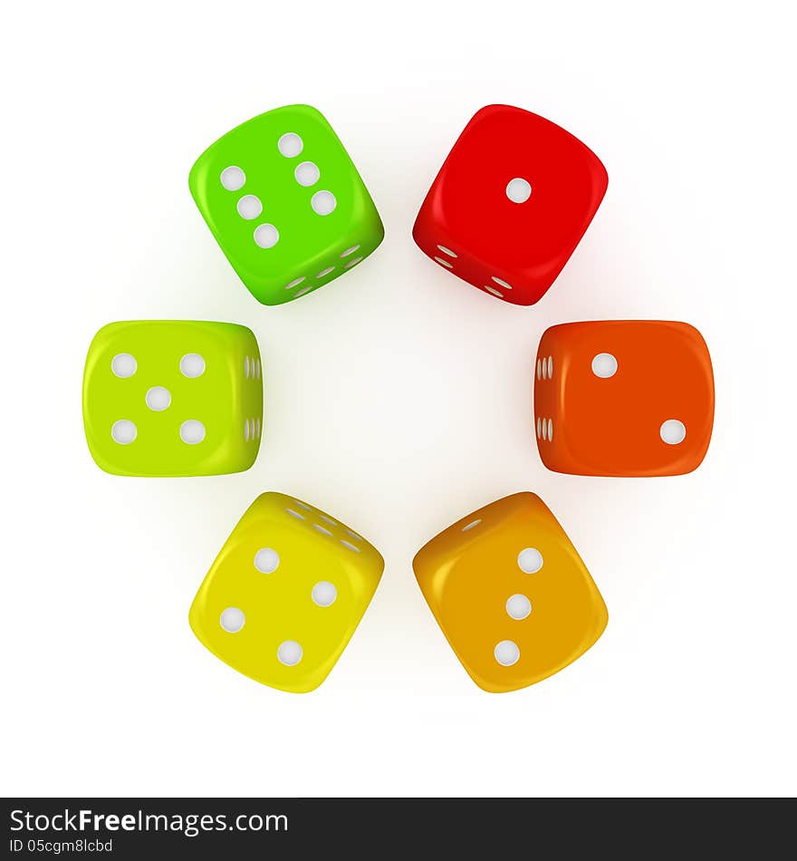 Multicolored dice - concept of efficient energy use. Multicolored dice - concept of efficient energy use