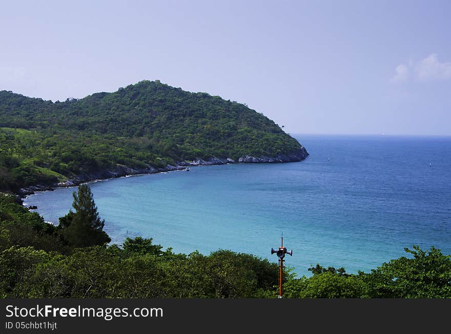 Ko Si Chang island in Thailand. Travel by sea. Sea and sky blue colors.