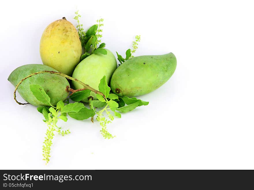 A Green Mango On White Background.