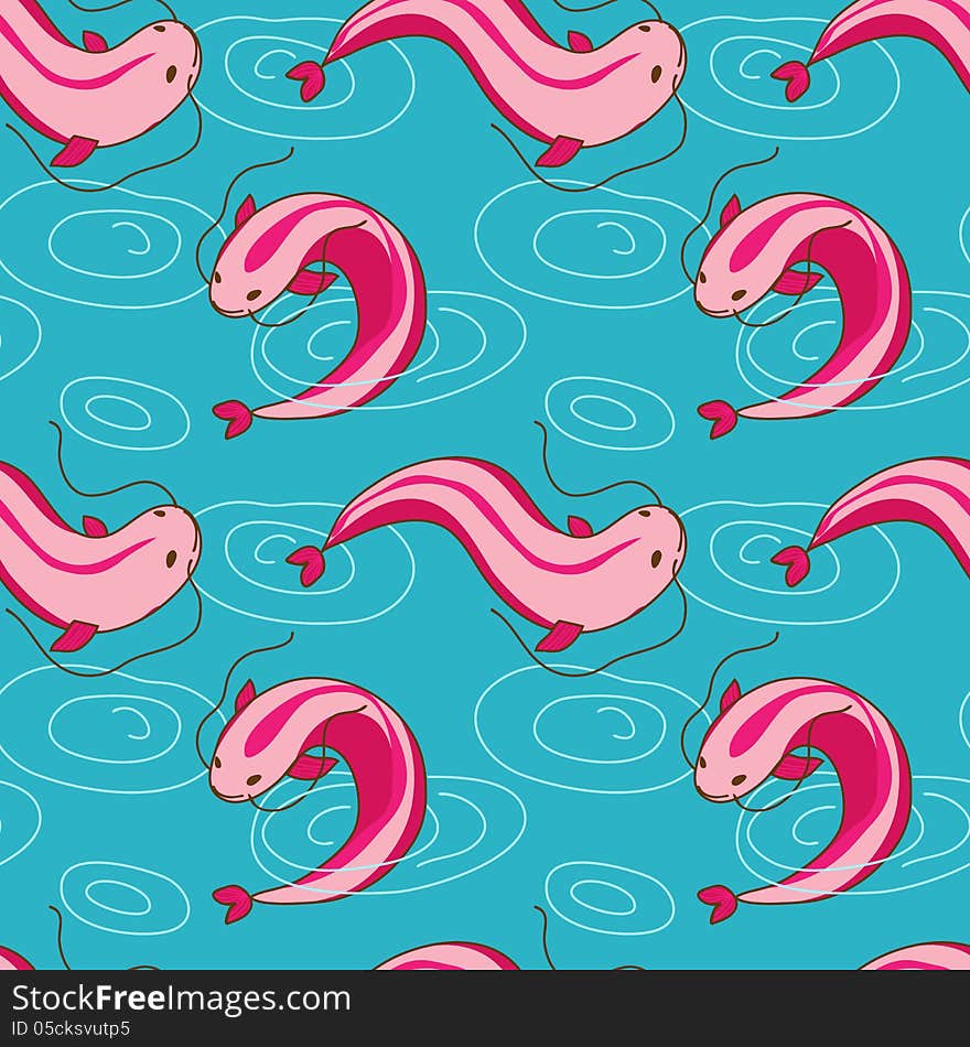 Seamless pattern with pink fish