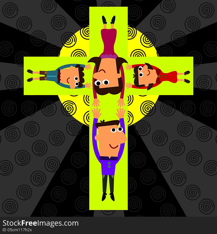 Illustration of a family, each one with arms stretched out and forming a cross. Illustration of a family, each one with arms stretched out and forming a cross