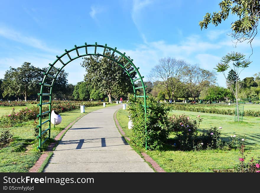 Jogging park or garden having blue sky and clouds and green plants and trees. Jogging park or garden having blue sky and clouds and green plants and trees