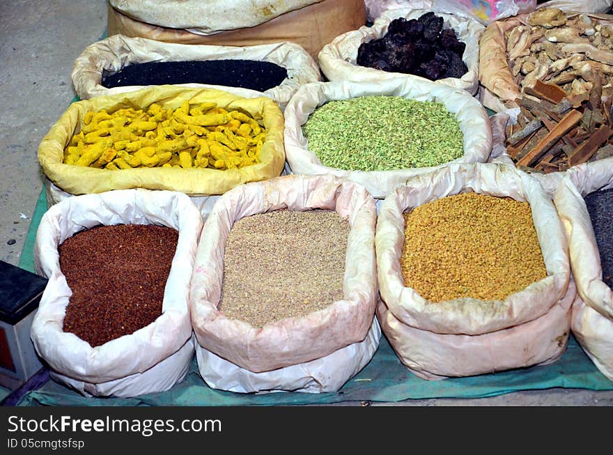 A roadside Indian shop selling different spices. A roadside Indian shop selling different spices