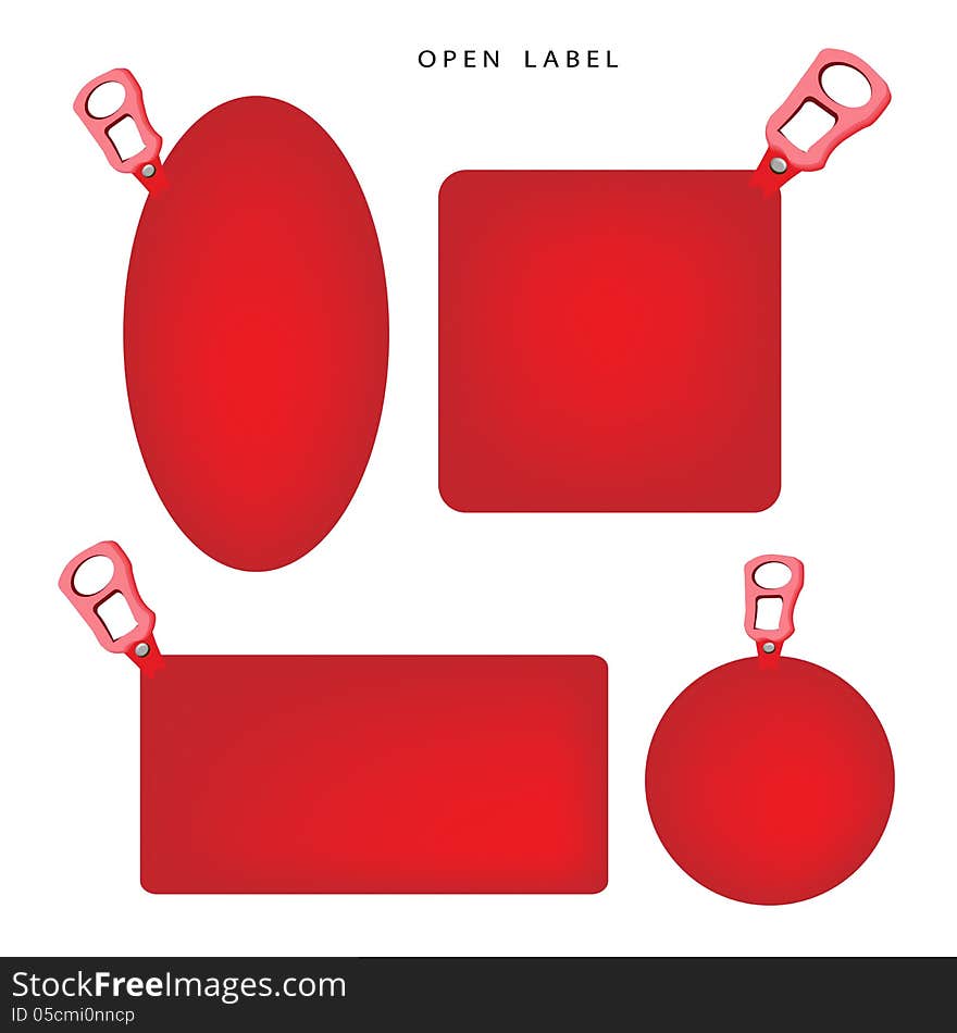 Open Now, An Illustration Collection of Different Style of Red Labels with Pull Ring and Copy Space for Add Content or Picture on White Background. Open Now, An Illustration Collection of Different Style of Red Labels with Pull Ring and Copy Space for Add Content or Picture on White Background