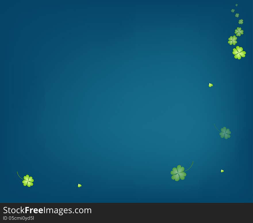 Elegant Template of Abstract Delicate Fresh Green Four Leaf Clover Plants or Shamrocks on Blue Background with Copy Space for Text Decorated. Elegant Template of Abstract Delicate Fresh Green Four Leaf Clover Plants or Shamrocks on Blue Background with Copy Space for Text Decorated