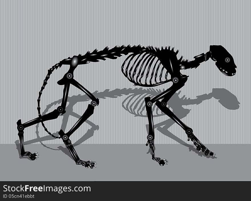 Robotic cat skeleton walking- with shadow and lined background wall