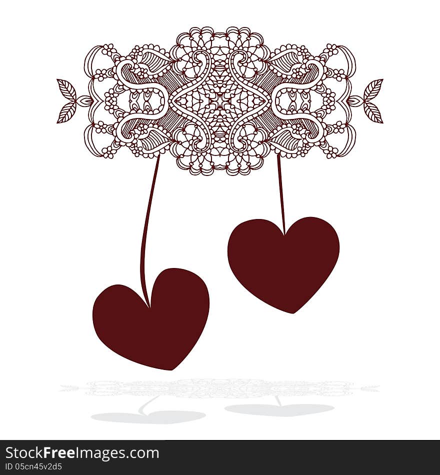 Heart shaped cherry label on simple white background with beautiful ornamented floral decoration and shadow