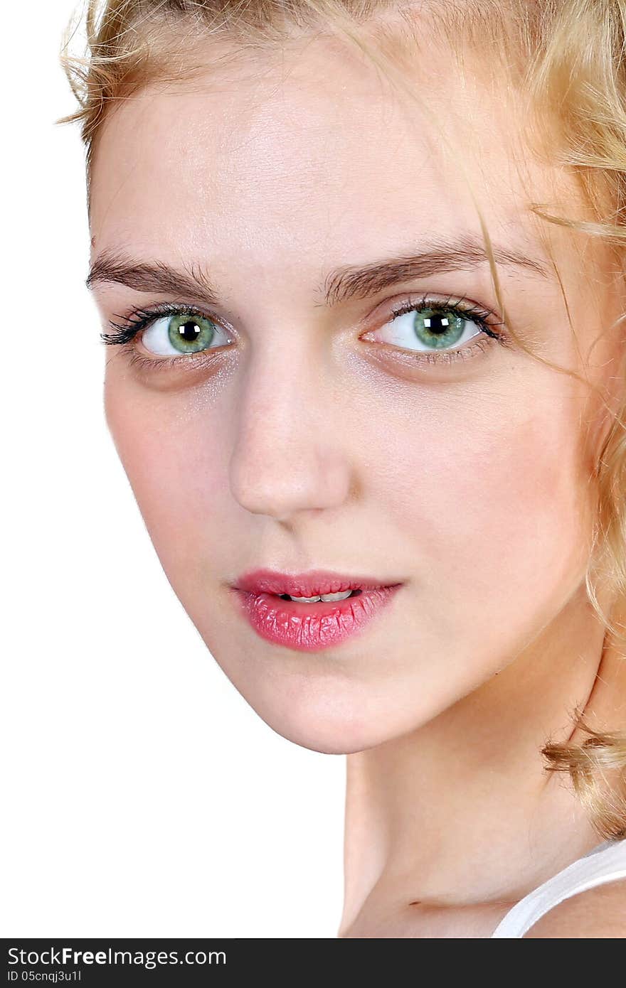 Close-up studio portrait of young beautiful woman on white background. Close-up studio portrait of young beautiful woman on white background