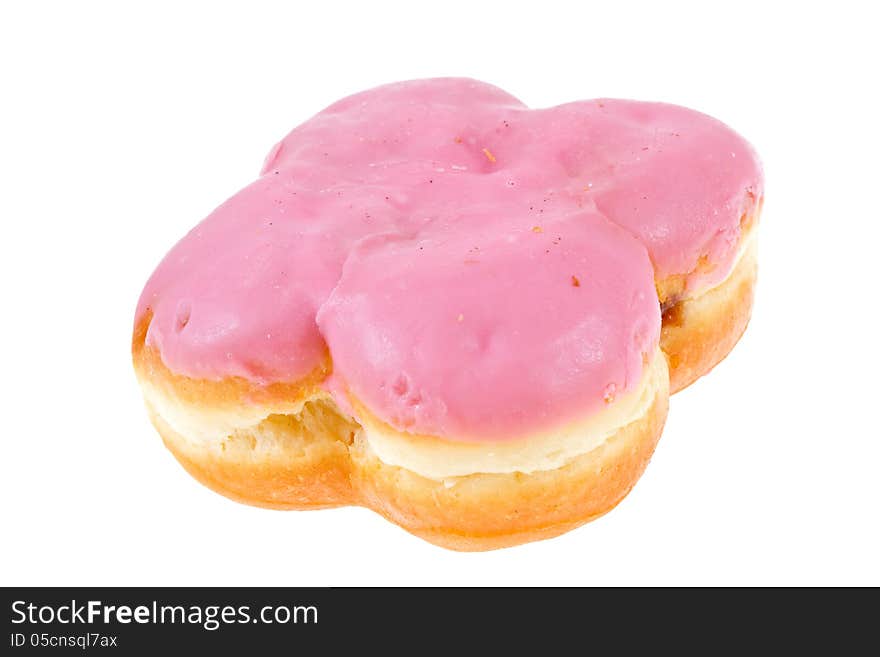 Doughnut with strawberry glaze isolated on white